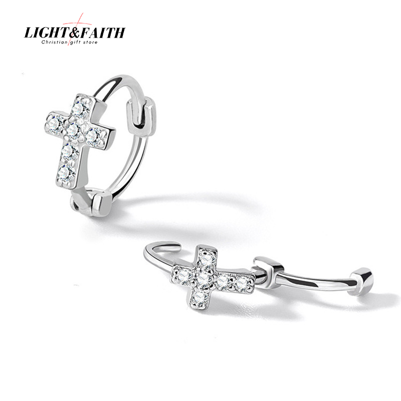 Crystal Cross Huggie Earrings, Silver Cross Hoop Earrings, Minimal Christian Jewelry, Faith Cross Earrings for Women, Religious Gift