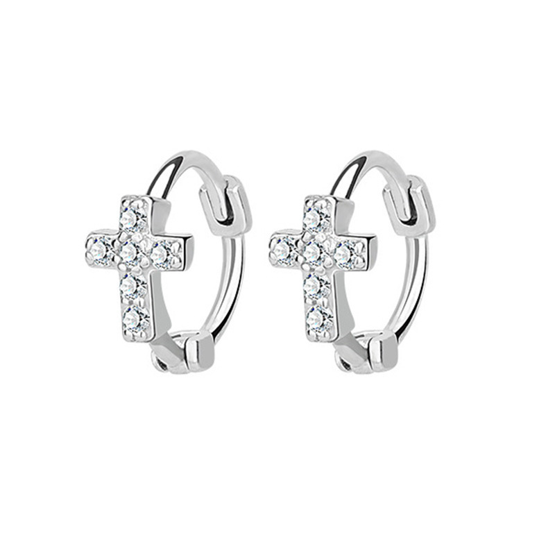 Crystal Cross Huggie Earrings, Silver Cross Hoop Earrings, Minimal Christian Jewelry, Faith Cross Earrings for Women, Religious Gift