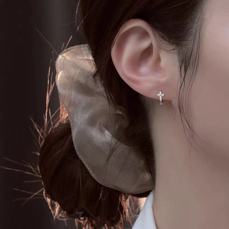 Crystal Cross Huggie Earrings, Silver Cross Hoop Earrings, Minimal Christian Jewelry, Faith Cross Earrings for Women, Religious Gift