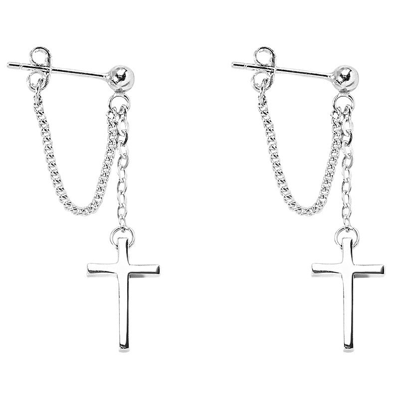 Silver Cross Drop Earrings with Chain, Elegant Catholic-Inspired Religious Jewelry
