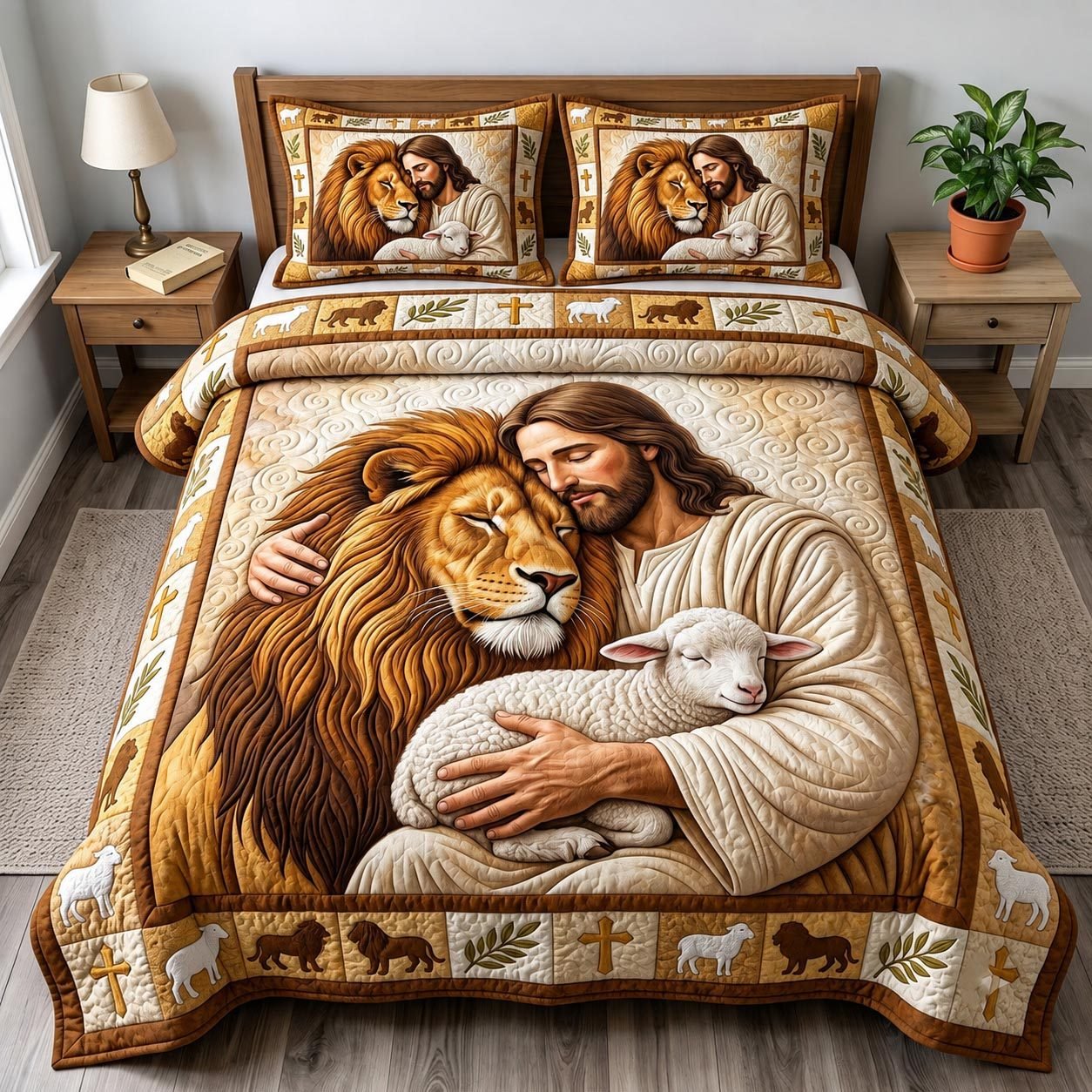 Jesus Lion Lamb Quilted Bedding Set, Christian Sacred Heart Quilted Blanket And Pillowcases, Personalized Bedding Set, Bedroom Decor LAFBED44