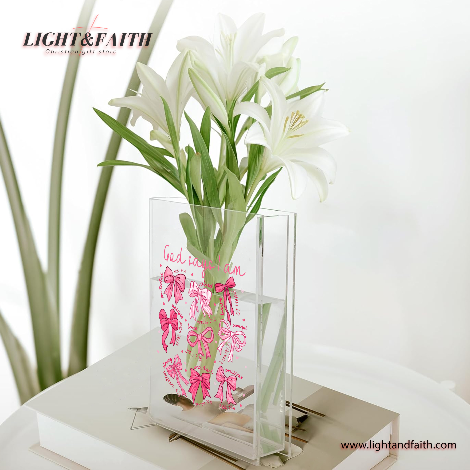 God Says I Am Coquette Bow Book Vase, Christian Book Vase, Pink Bow Christian Book Vase, Vintage Floral Book Vase, Faith Book Vase, Bible Verse Book Shaped Flower Vase, Unique Scripture Gift for Her