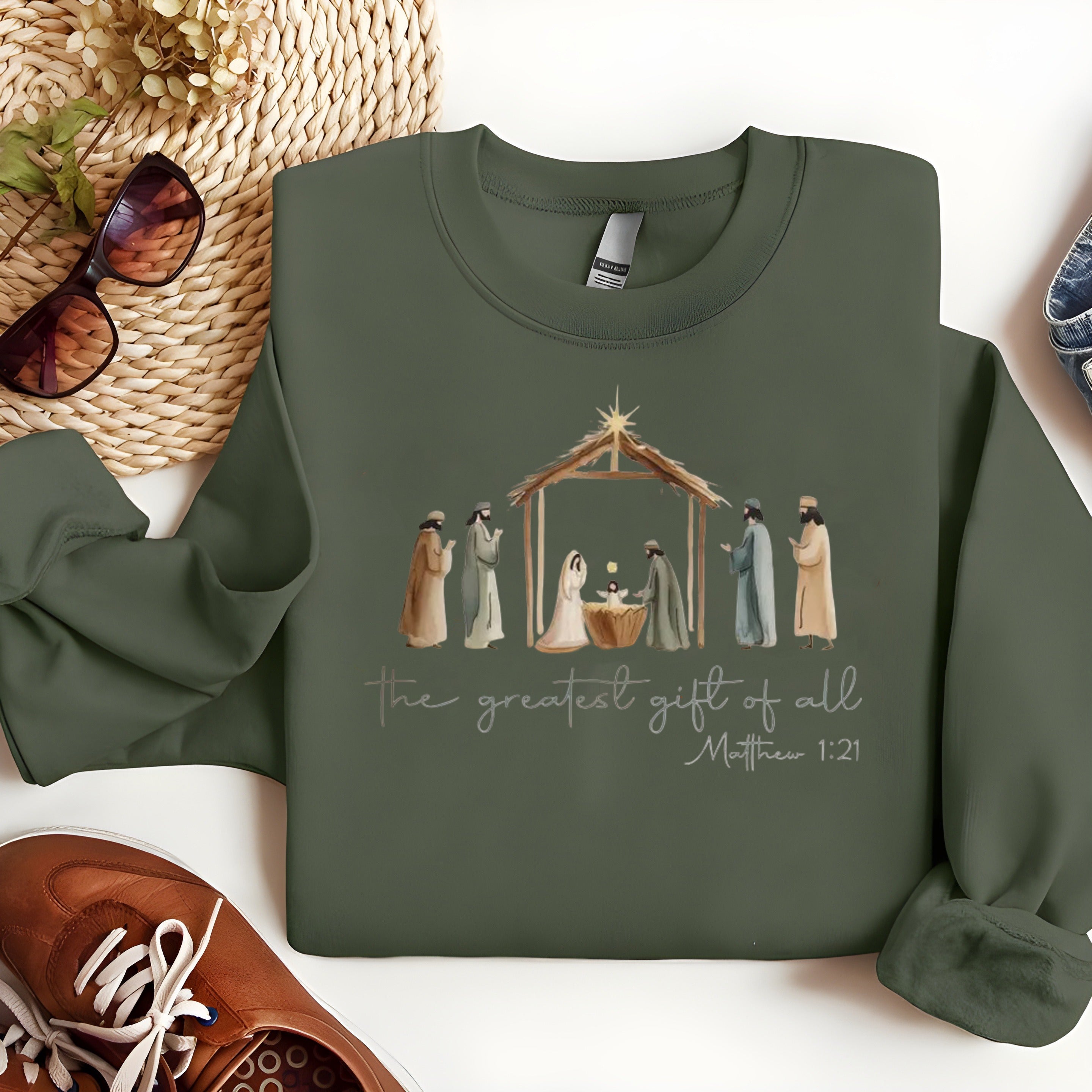 The Greatest Gift Of All Sweatshirt, Nativity Scene Christian Pullover, Religious Holiday Crewneck
