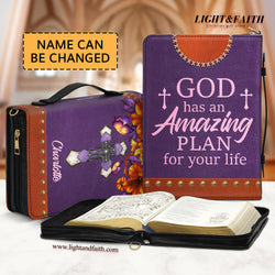 God Has An Amazing Plan For Your Life Leather Book Cover, Personalized Cross Bible Cover With Handle, Zippered Bible Carrying Case