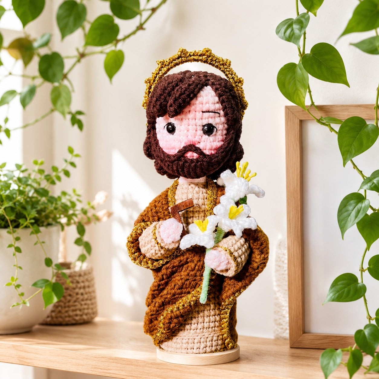 Saint Joseph Handmade Crochet, Saint Joseph Amigurumi Plush, Religious Faith Gift, Religious Keepsake Baptism Gift, Prayer Room Decor CR04