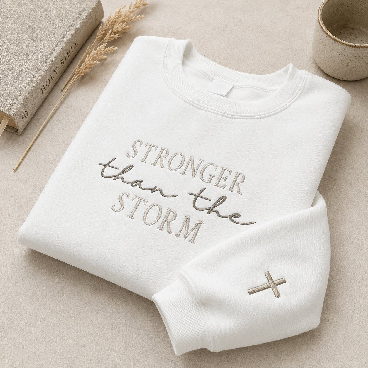 Stronger Than the Storm Embroidered Shirt, Christian Cross Sleeve Shirt, Faith Based Gift, Christian Embroidered Shirt N1EMS04
