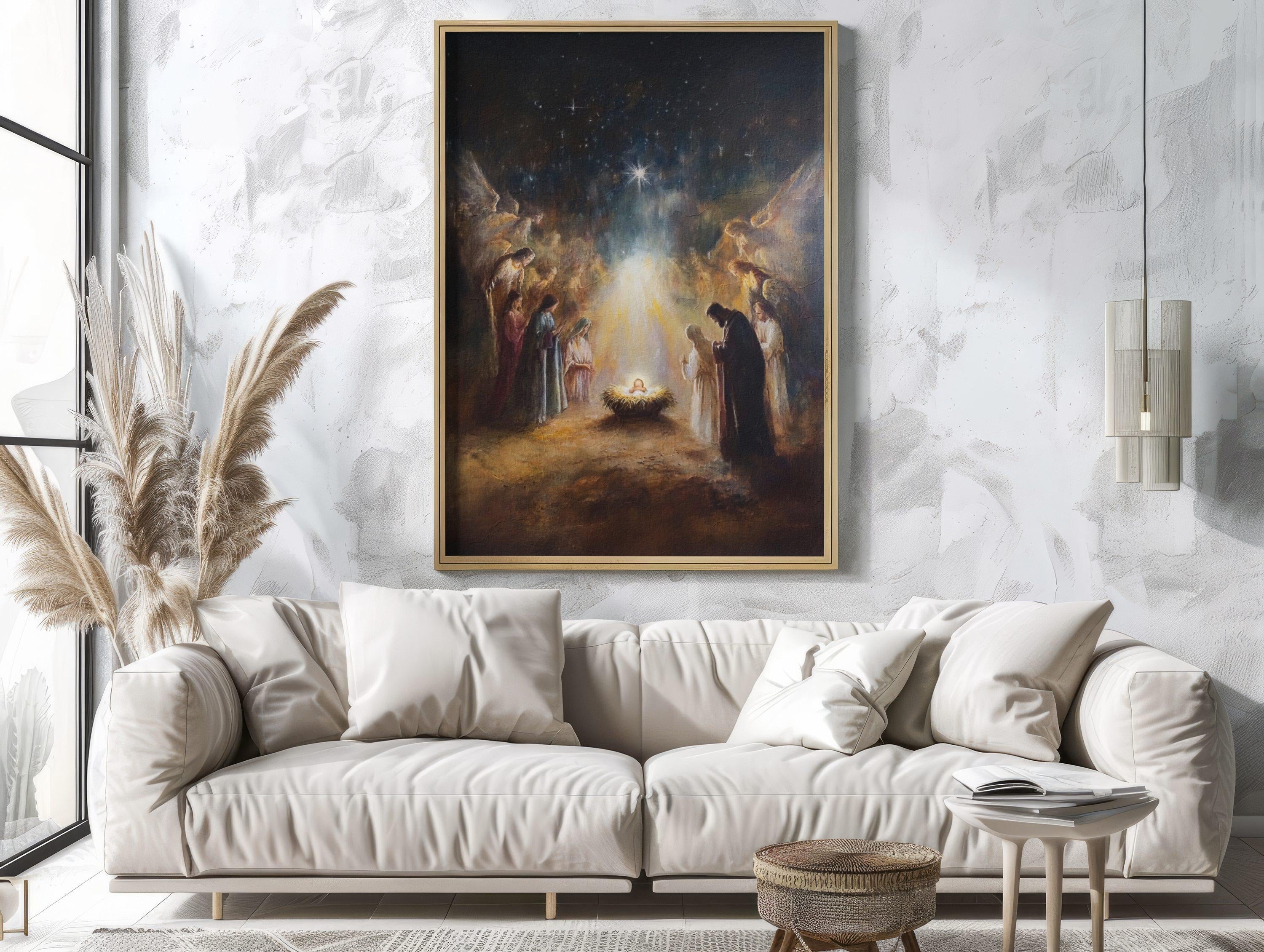 Nativity Poster Wall Art, Christian Christmas Decor, Holy Night Manger Scene Print, Religious Jesus Birth Artwork, Bethlehem Star Canvas