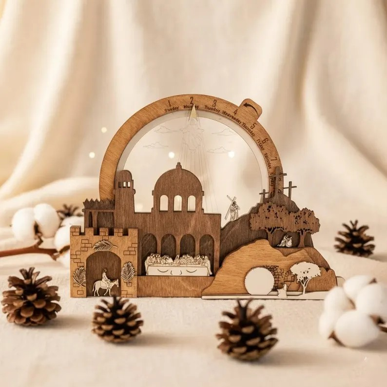 Holy Week Easter Countdown Calendar, Wooden Resurrection Scene, Christian Easter Decor, Laser Cut Religious Table Display WRSLAF04