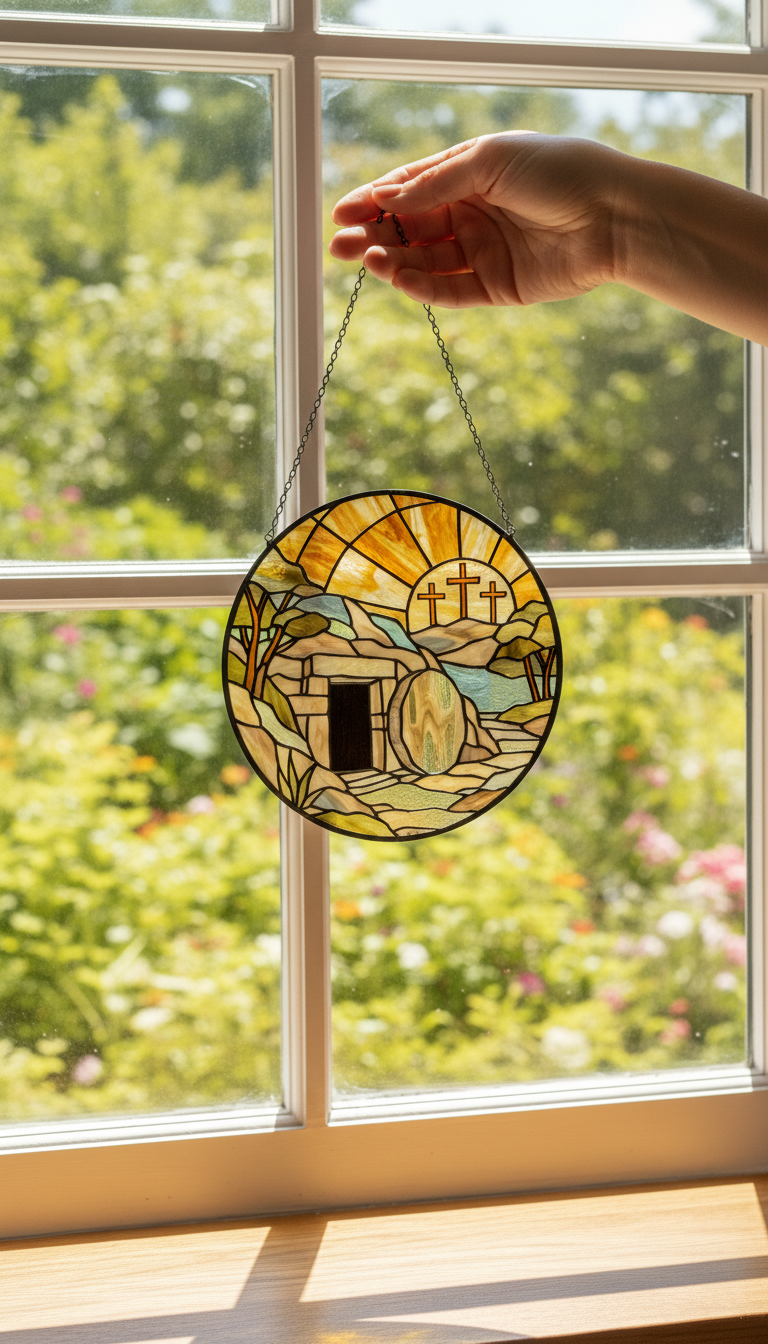 Empty Tomb Stained Glass Suncatcher, Resurrection Window Hanging, Christian Easter Decor, Jesus Cross Sun Catcher, Religious Gift, Faith Home Decor SCLAF13