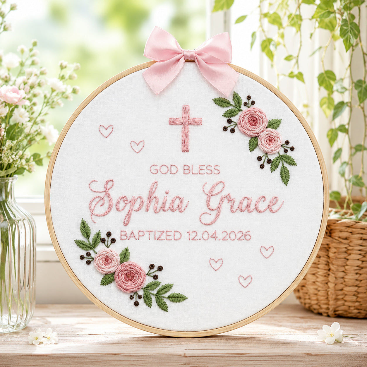 Personalized Hand Embroidered Baptism Hoop, God Bless Hoop Art, Custom Baby Name and Baptism Date, Floral Christian Keepsake EHA32
