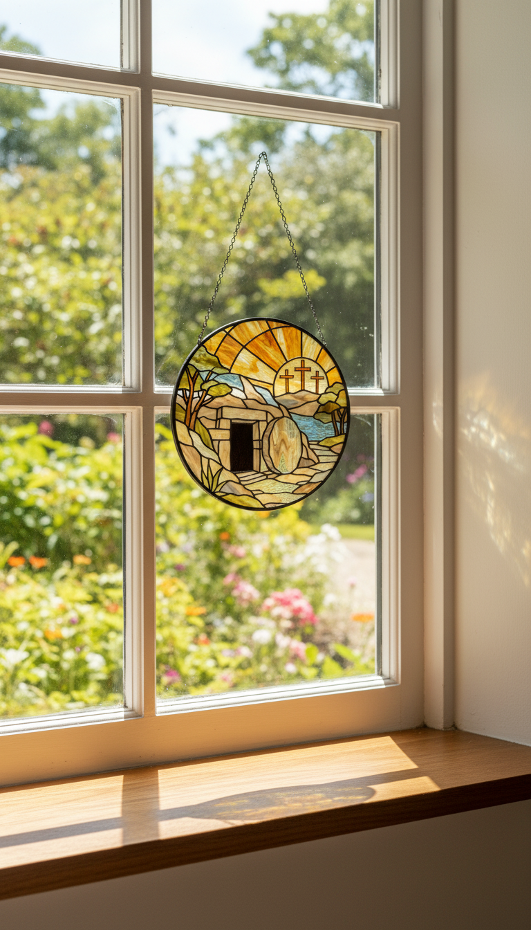 Empty Tomb Stained Glass Suncatcher, Resurrection Window Hanging, Christian Easter Decor, Jesus Cross Sun Catcher, Religious Gift, Faith Home Decor SCLAF13