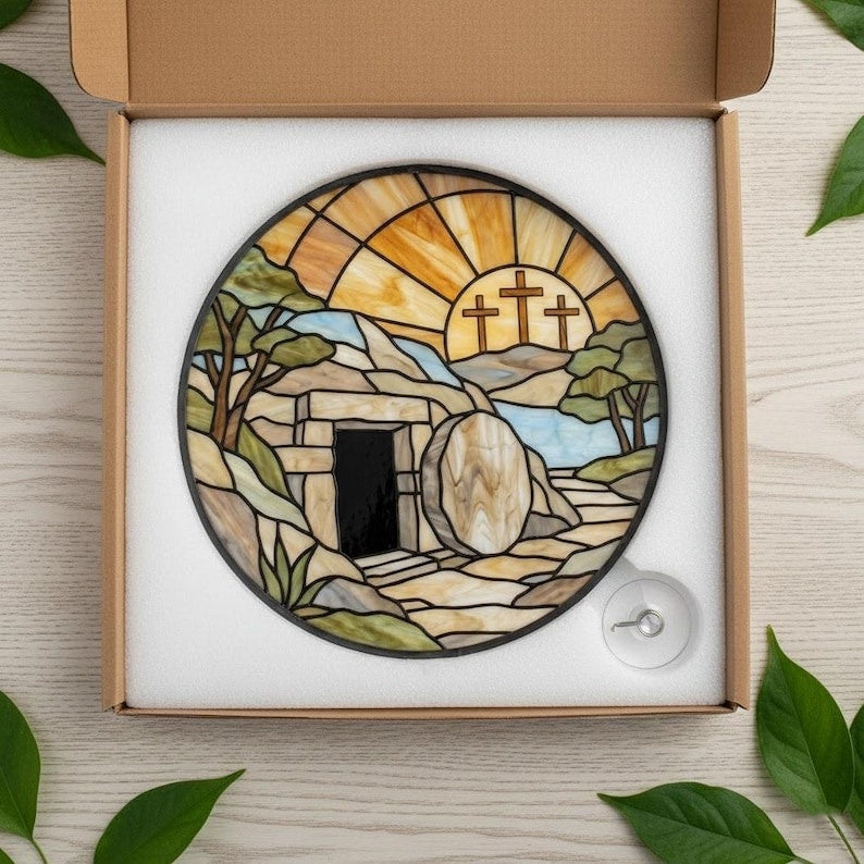 Empty Tomb Stained Glass Suncatcher, Resurrection Window Hanging, Christian Easter Decor, Jesus Cross Sun Catcher, Religious Gift, Faith Home Decor SCLAF13