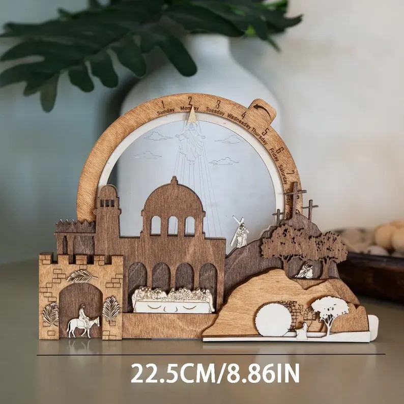 Holy Week Easter Countdown Calendar, Wooden Resurrection Scene, Christian Easter Decor, Laser Cut Religious Table Display WRSLAF04