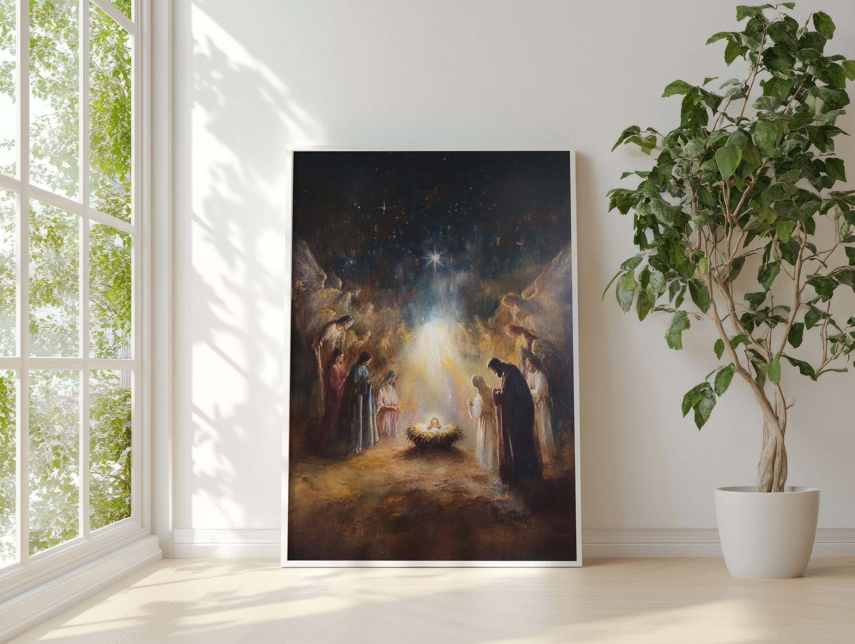 Nativity Poster Wall Art, Christian Christmas Decor, Holy Night Manger Scene Print, Religious Jesus Birth Artwork, Bethlehem Star Canvas