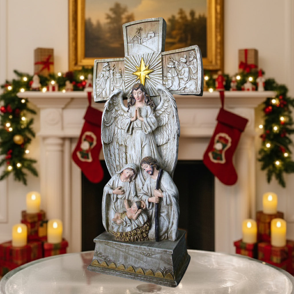 Holy Family Nativity Scene with Cross and Angel, Christmas Religious Figurine, Mary Joseph Baby Jesus Decor, Faith Home Display, Gift Idea