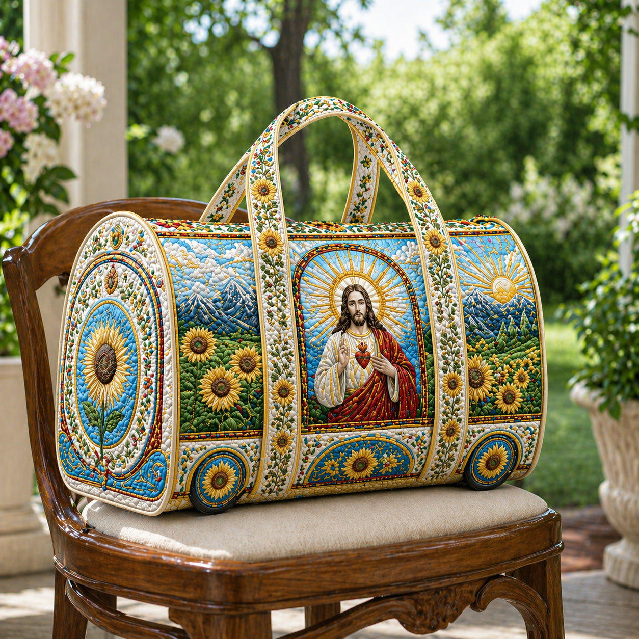 Christian Sunflower Quilted Duffle Bag, Catholic Religious Weekender Travel Bag, Sacred Heart Floral Vintage Carry On Overnight Bag QDB04