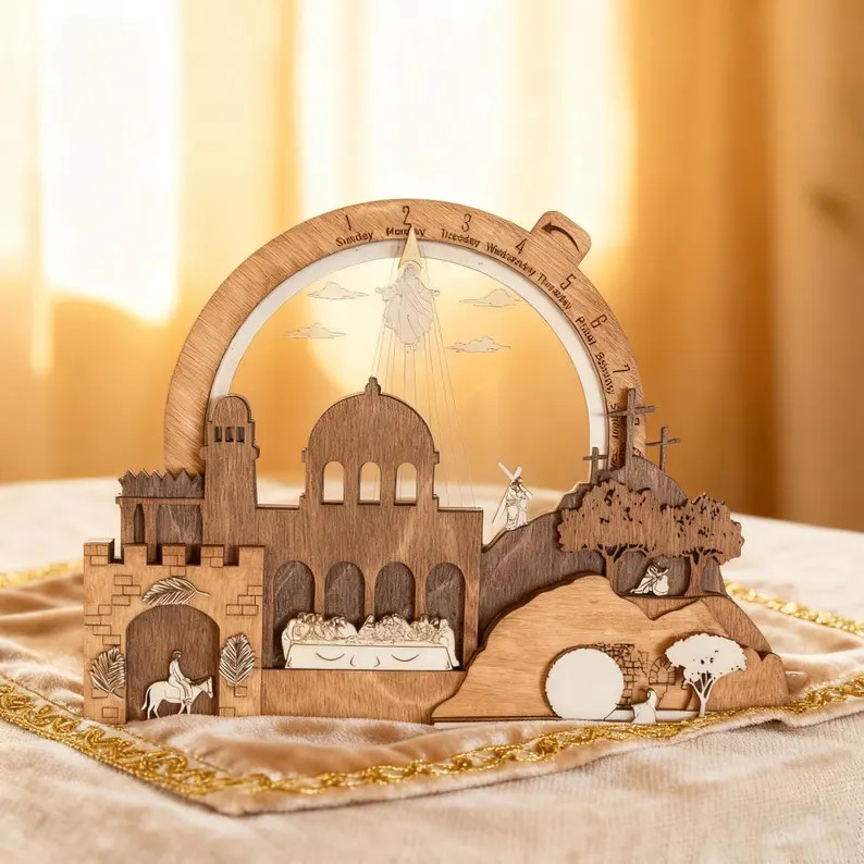 Holy Week Easter Countdown Calendar, Wooden Resurrection Scene, Christian Easter Decor, Laser Cut Religious Table Display WRSLAF04
