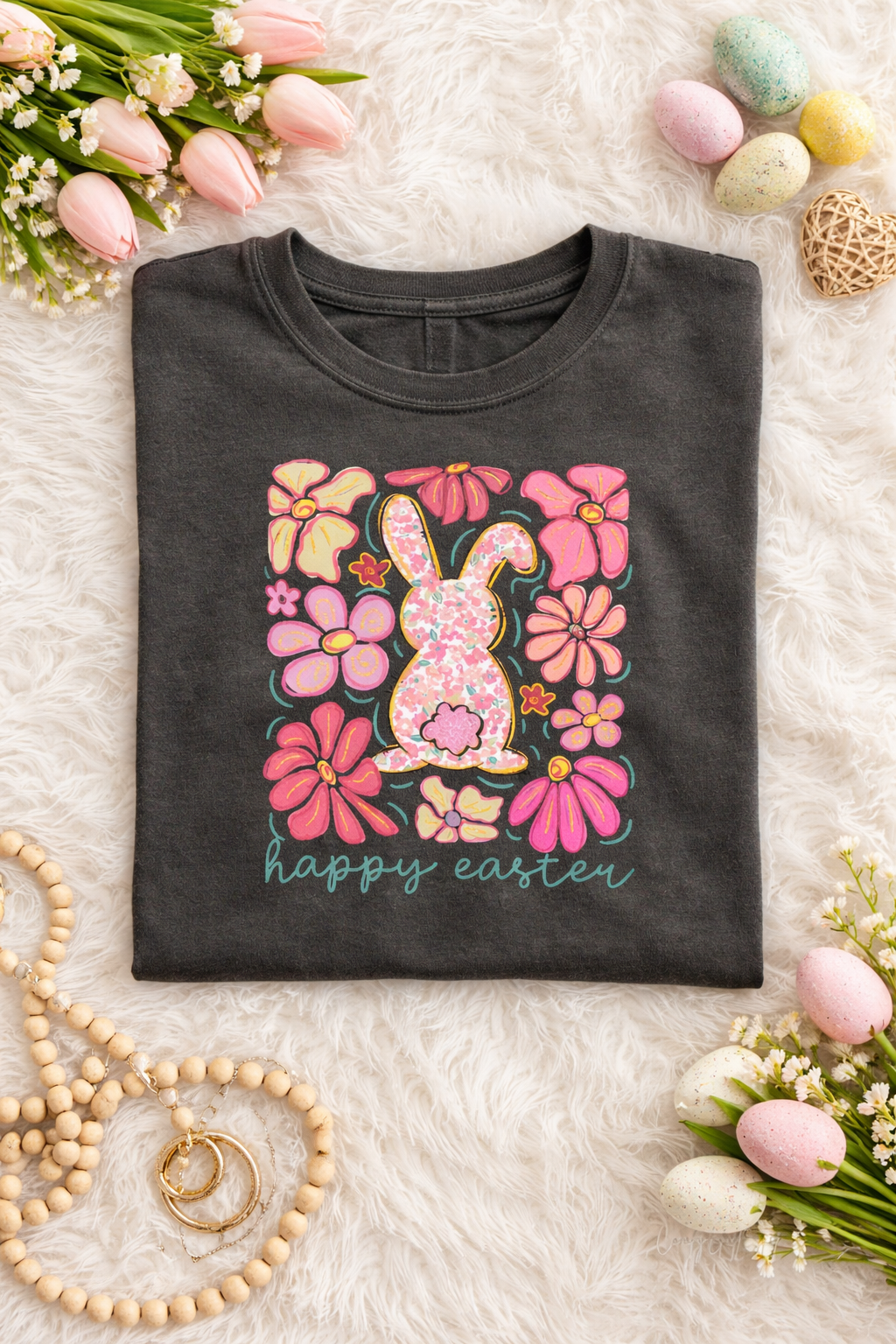 Happy Easter Bunny Shirt, Comfort Colors Easter Tee, Floral Bunny Graphic Shirt, Cute Spring Holiday Tee, Pastel Easter Gift for Women CFLAF061