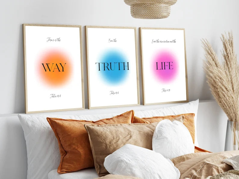 Set of 3 John 14:6 Jesus Aura  God Wall Art Poster Modern Bible Quote Print The Way The Truth Christian Living Room Home Christian Art PTLAF018