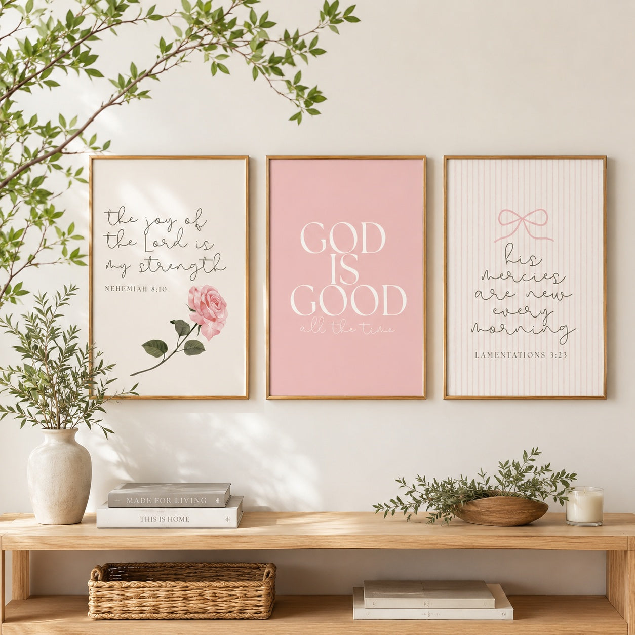 Set of 3 Pink Christian Wall Art, God Is Good Bible Verse Posters, Nehemiah 8:10 and Lamentations 3:23 Poster, Floral Faith Home Decor PTSET03