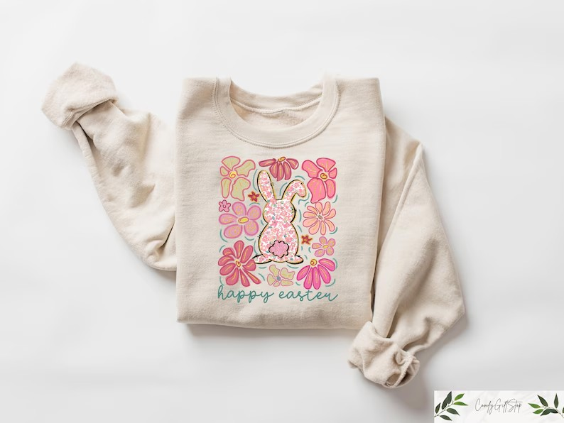 Happy Easter Bunny Shirt, Comfort Colors Easter Tee, Floral Bunny Graphic Shirt, Cute Spring Holiday Tee, Pastel Easter Gift for Women CFLAF061