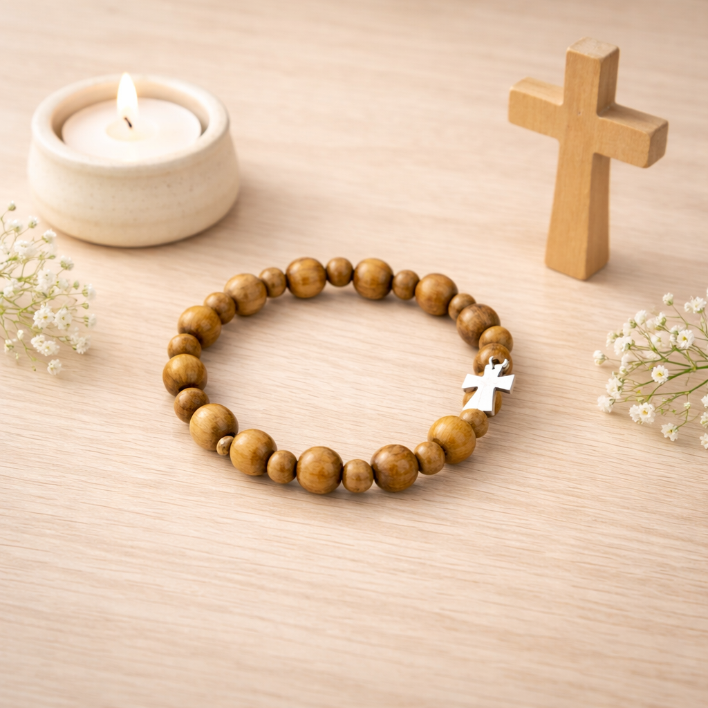 Green Cypress Wood Rosary Necklace with Pure Silver Cross, Catholic Prayer Beads, Christian Faith Jewelry, Religious Gift for Men Women BGLAF06