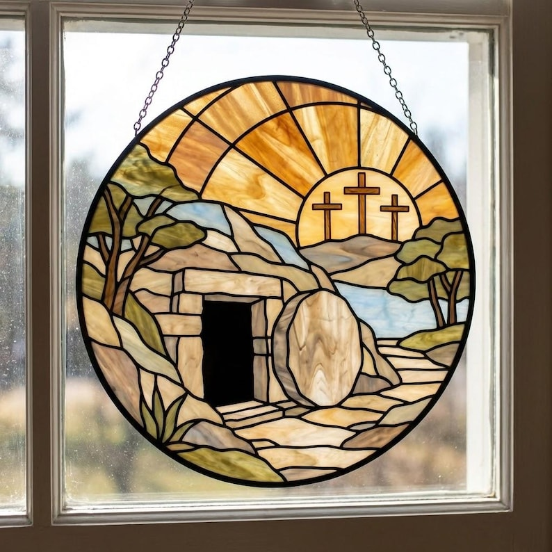 Empty Tomb Stained Glass Suncatcher, Resurrection Window Hanging, Christian Easter Decor, Jesus Cross Sun Catcher, Religious Gift, Faith Home Decor SCLAF13