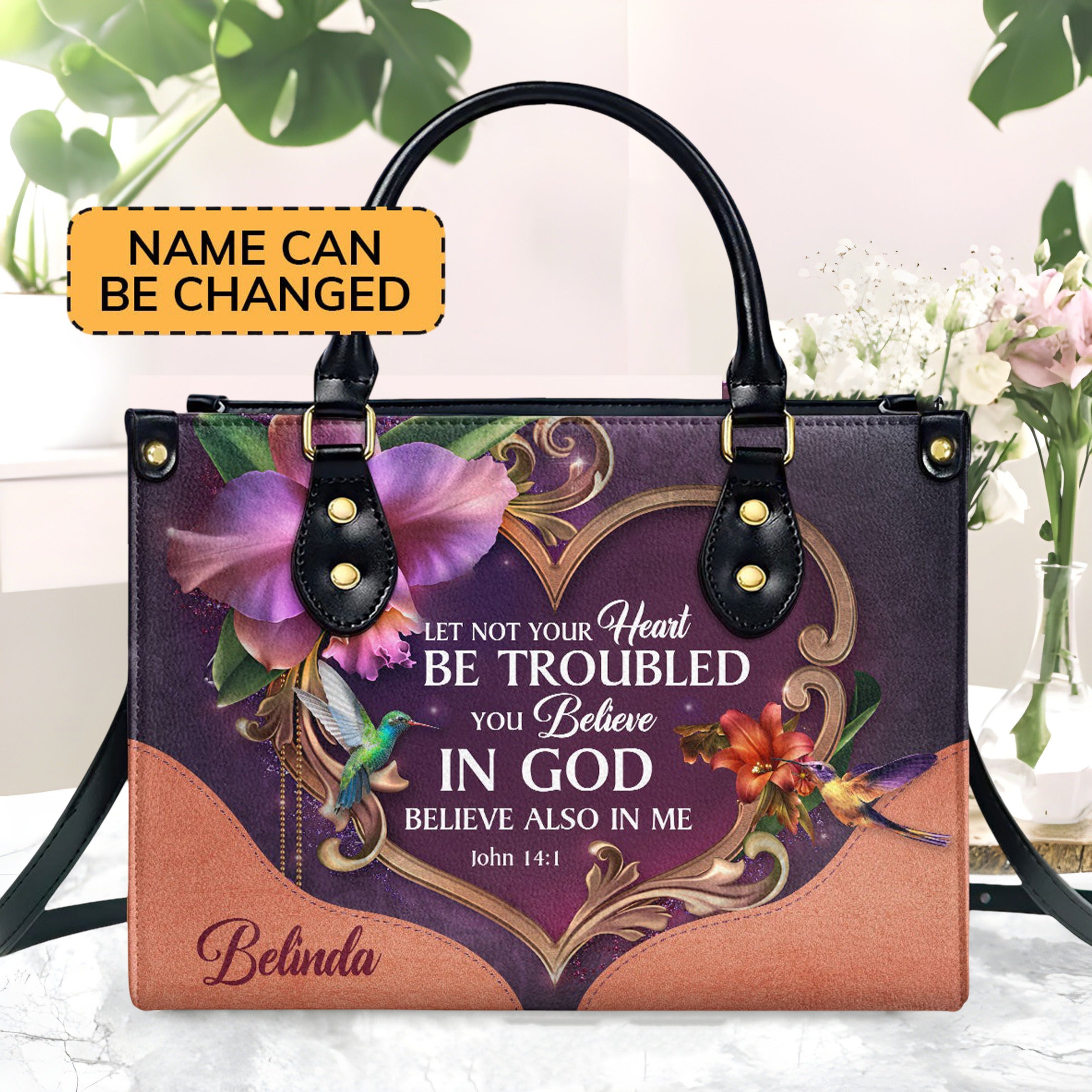 Personalized Christian Leather HandBag with Bible Verse John 14:1, Custom Name Handbag, Religious Gift for Women, Faith Purse BLAF17