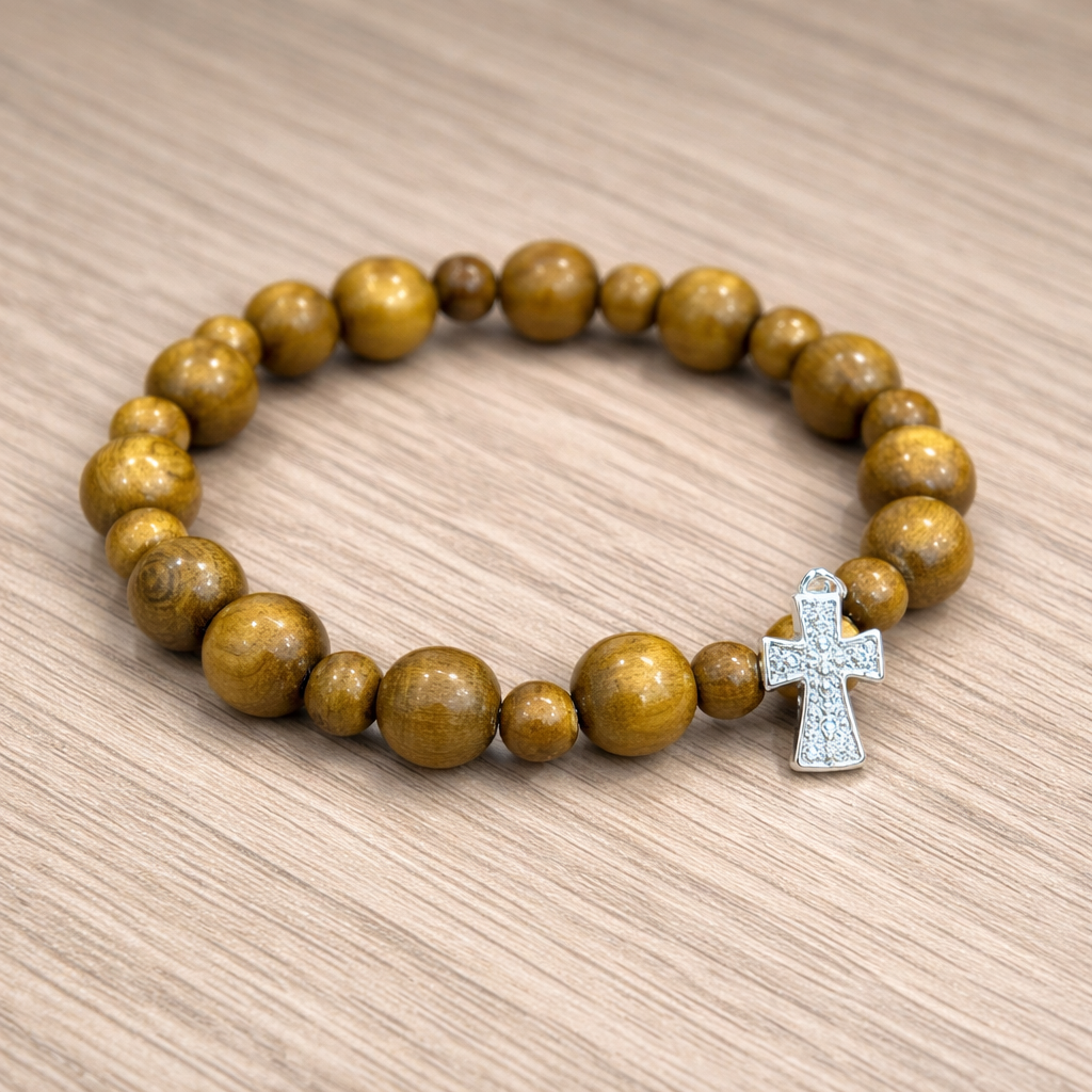 Green Cypress Wood Rosary Necklace with Pure Silver Cross, Catholic Prayer Beads, Christian Faith Jewelry, Religious Gift for Men Women BGLAF06