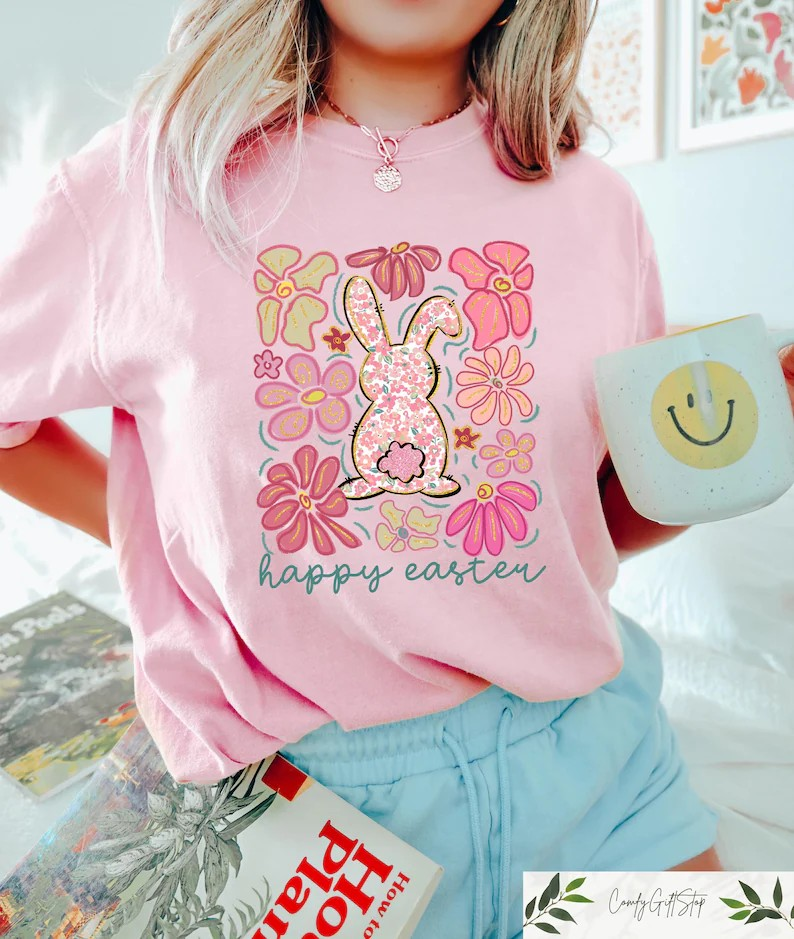 Happy Easter Bunny Shirt, Comfort Colors Easter Tee, Floral Bunny Graphic Shirt, Cute Spring Holiday Tee, Pastel Easter Gift for Women CFLAF061