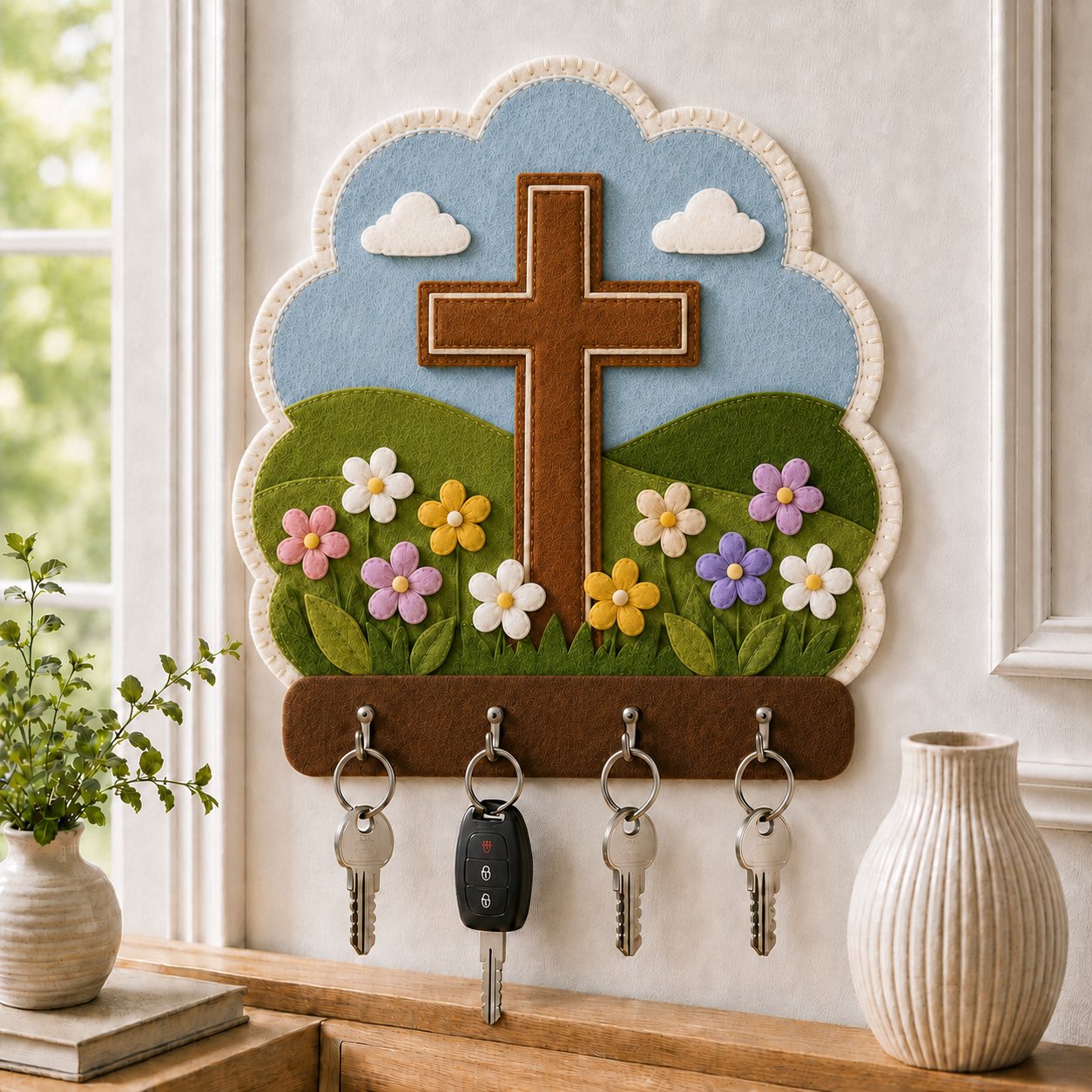 Floral Cross Wall Felt Key Holder, Christian Wall Key Rack, Handmade Catholic Home Decor, Religious Housewarming Gift, Felt Custom FELTHD04
