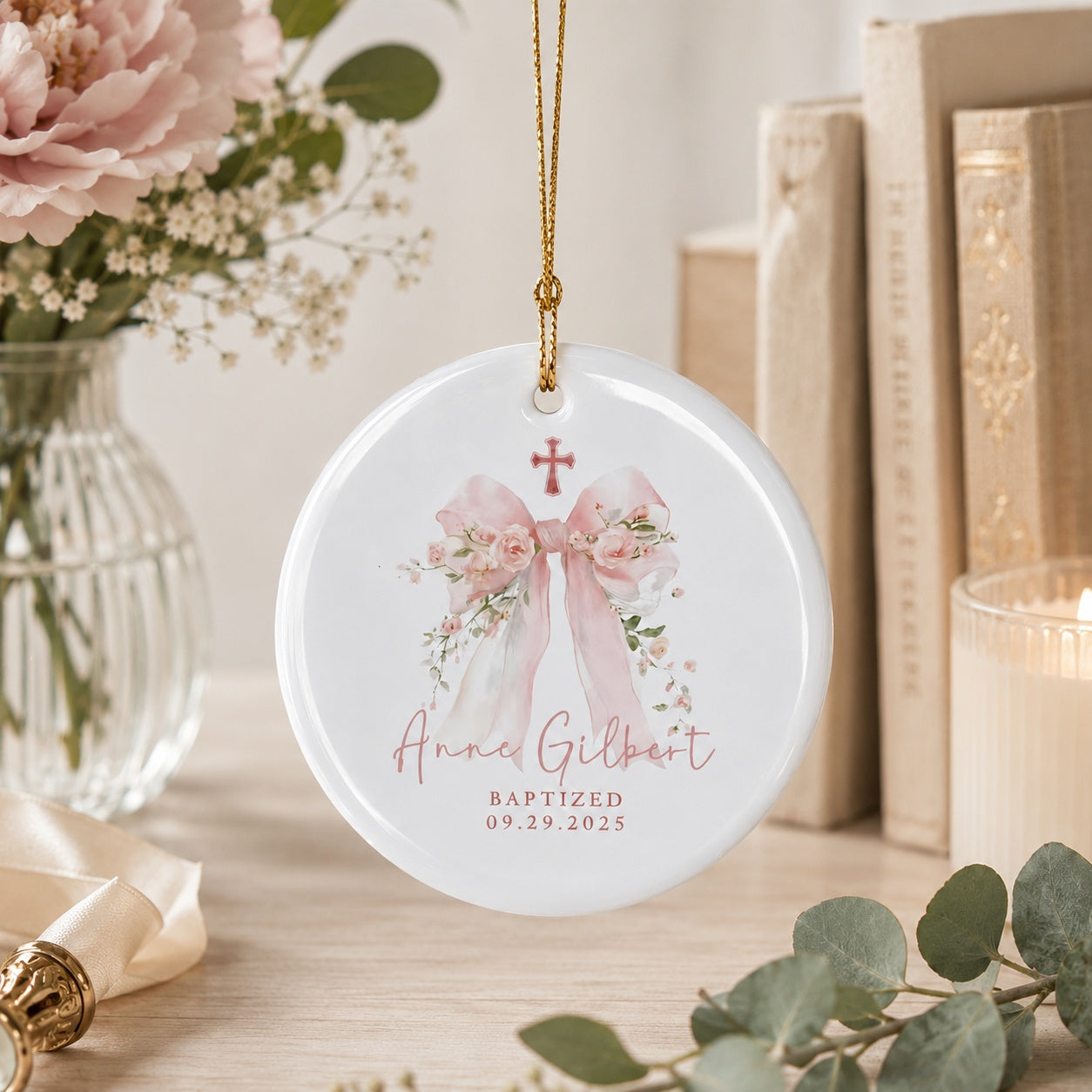 Personalized Flower And Bow Baptism Ceramic Ornament, Custom Baby Keepsake, Goddaughter Gift, Baby Dedication Ornament, Baptism Ornament Gift CRMO04