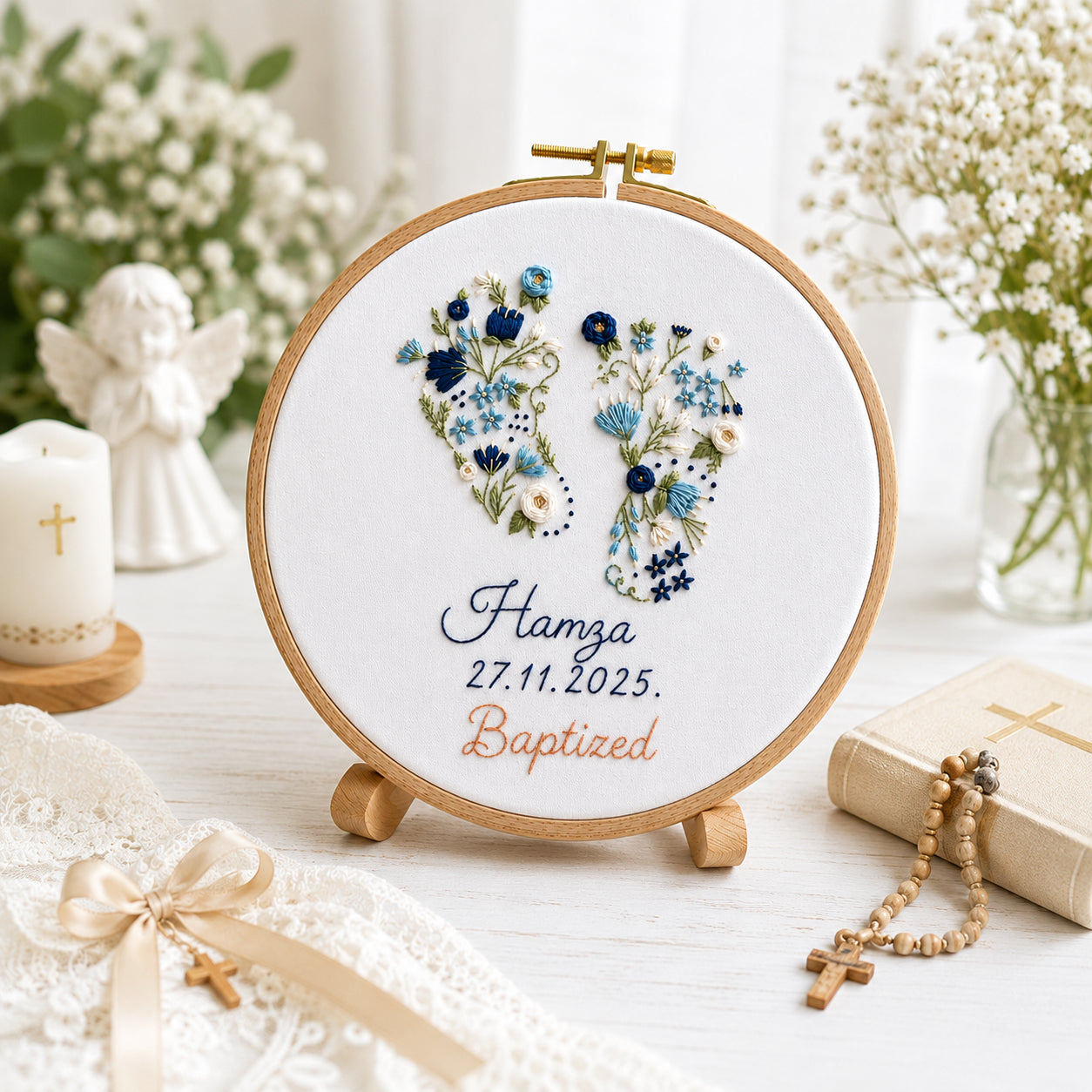 Embroidered Keepsake Baby Foot Baptism Hoop Art, Personalized Baby Boy And Girl Baptism Name Sign, Floral Hoop, Custom Baby Christening Godson Kids Dedication Faith Gift EHA21