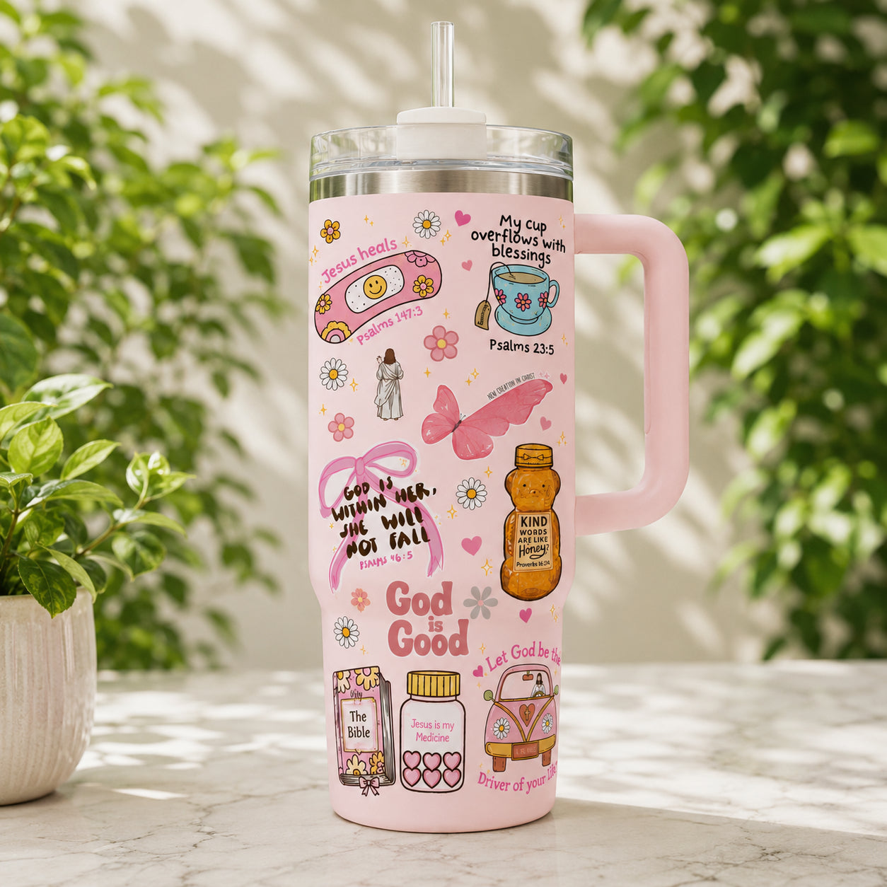 Pink Christian 30oz/40oz Stainless Steel Tumbler with Handle, Inspirational Bible Verse Coffee Cup, Christian Aesthetic Travel Mug, Custom Faith Tumbler, Insulated Mug with Straw, Christian Gift TUMB04