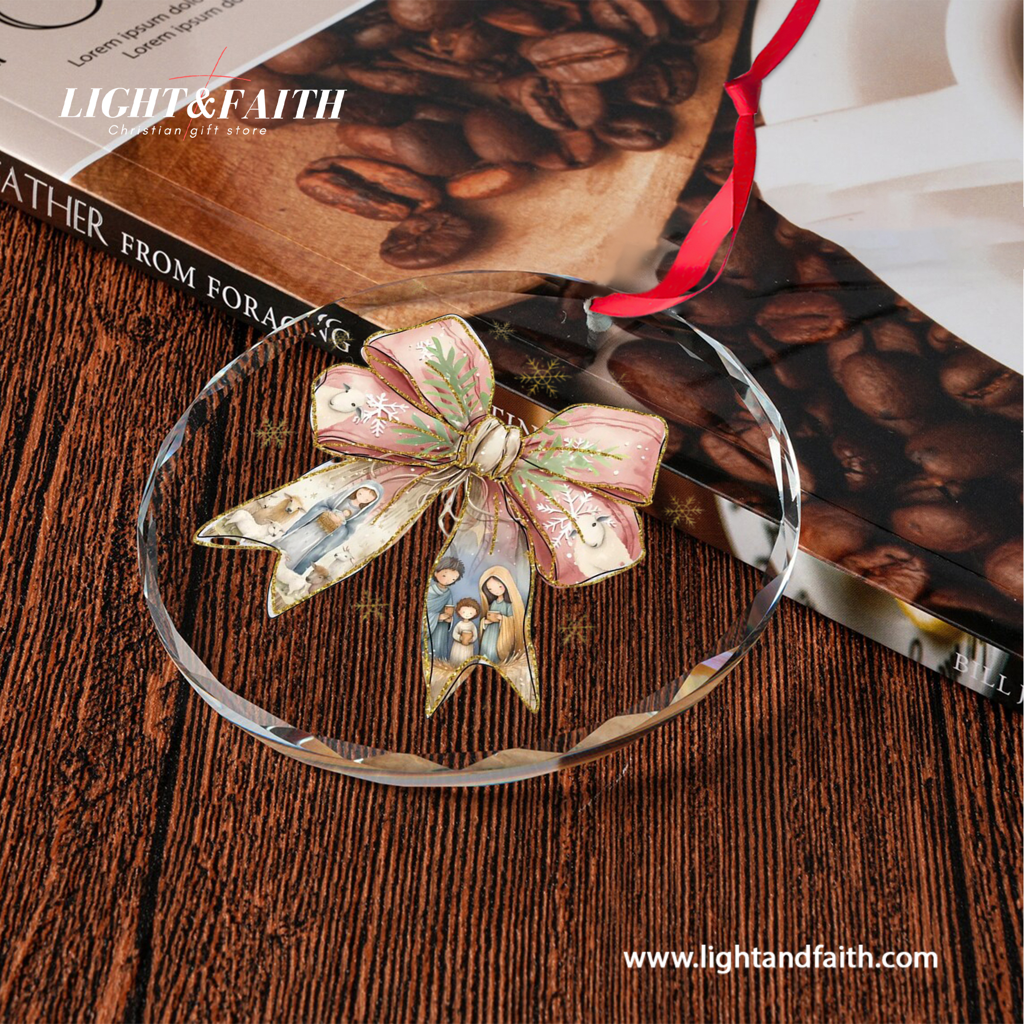 Nativity Bow Glass Ornament, Holy Family Christmas Decoration, Virgin Mary and Baby Jesus Ornament, Christian Faith Gift, Religious Tree Decor DCLAF52