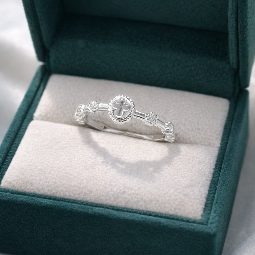 Christian Inspired Silver Cross Beaded Ring for Women, Adjustable Zircon Faith Ring, Minimalist Religious Jewelry, Elegant Catholic Gift for Her