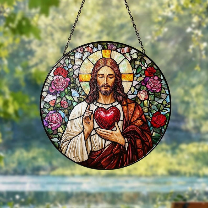 Sacred Heart of Jesus Stained Glass Suncatcher, Catholic Window Hanging, Christian Home Decor, Religious Gift, Prayer Room Decor GLASS04