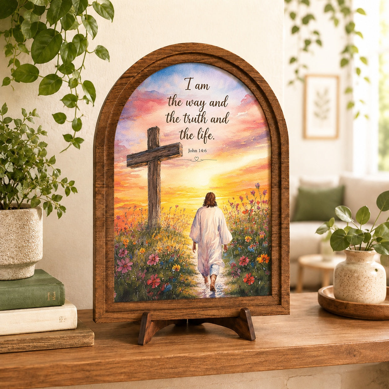 Christian Tabletop Decor - "I Am The Way" John 14:6 Wood Arched Frame, Bible Verse Plaque, Religious Home Gift WS04
