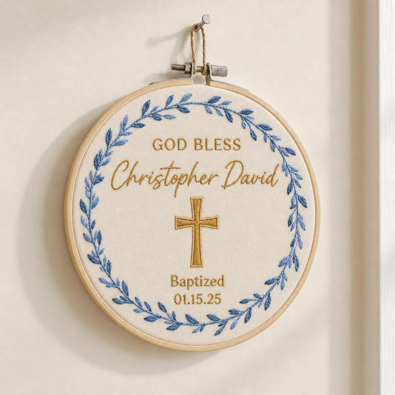 Personalized Baptism Embroidery Hoop Art, Custom Name and Date Christian Keepsake, God Bless Cross Wall Decor, Christening Gift EH17
