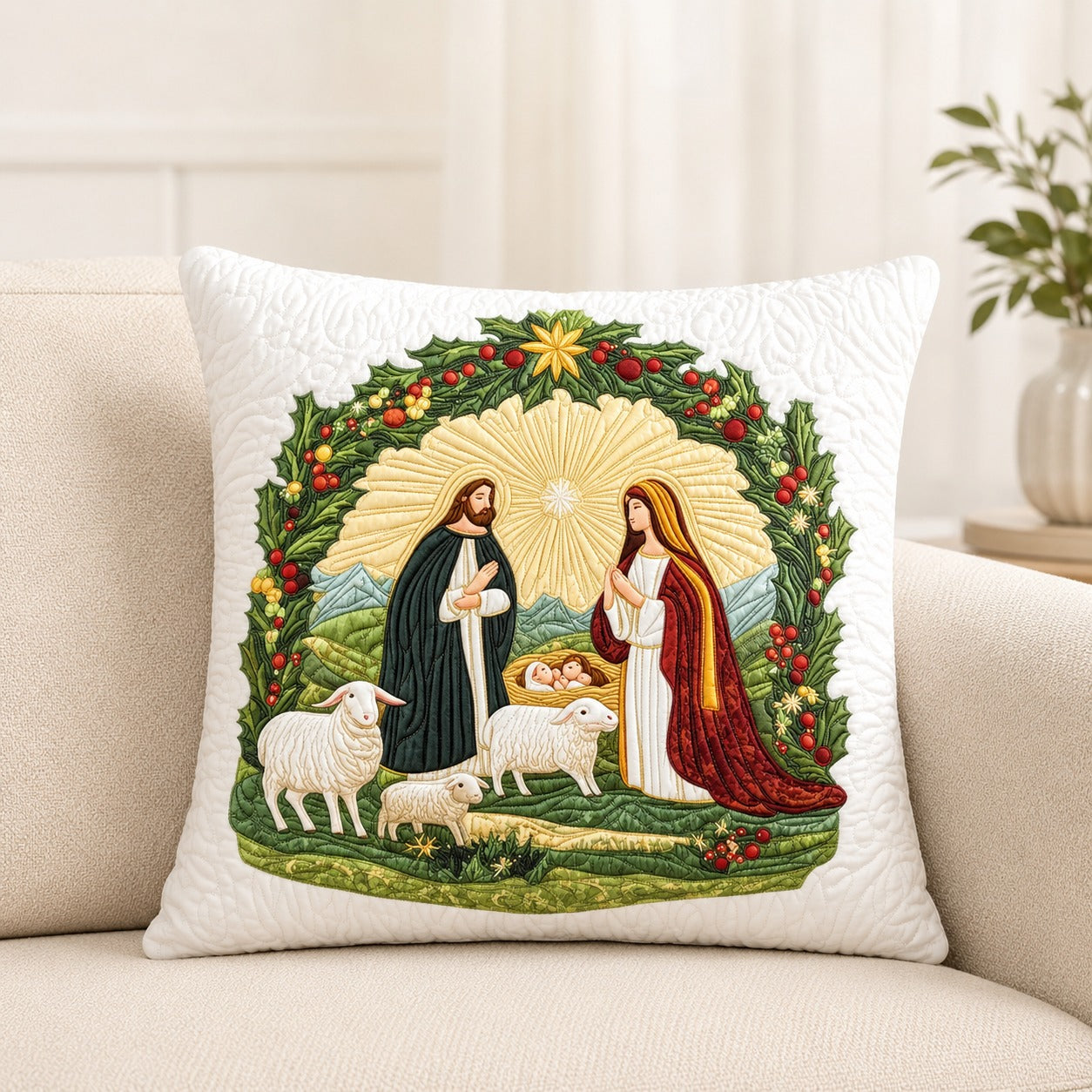 Nativity Quilted Pillow Case, Holy Family Christmas Pillow Cover, Christian Christmas Decor, Jesus Mary Joseph Religious Gift QPILLOW03