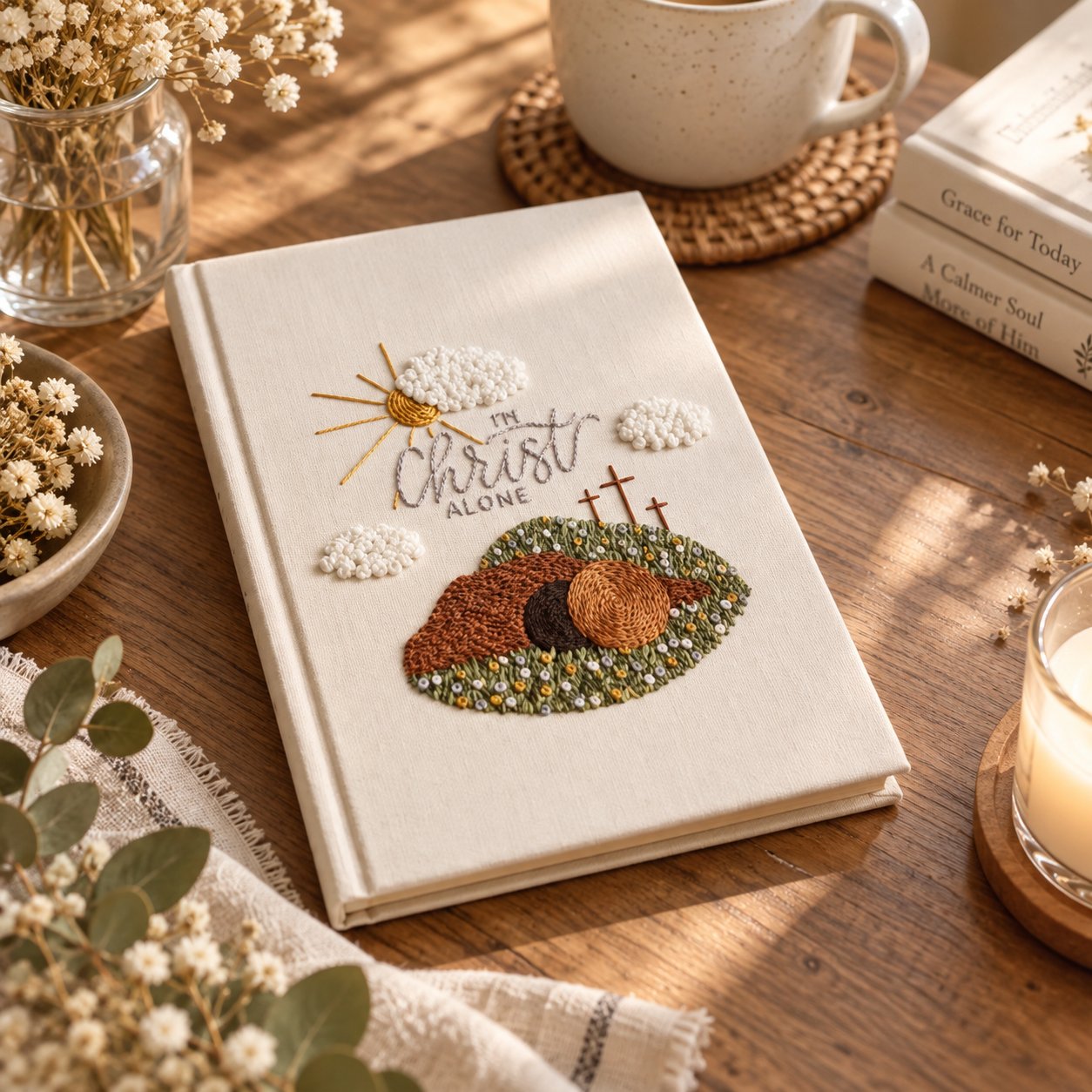 Personalized Christian Hand-Embroidery Journal, Christ Alone Lamb Notebook, Handmade Fabric Bible Journal, Faith Gift for Women, Prayer Notebook NB07