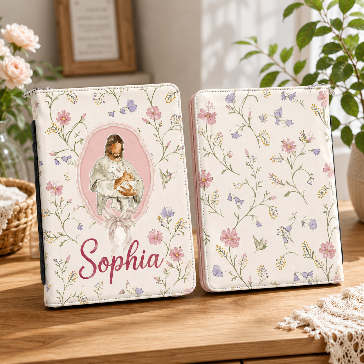 Floral With Jesus Leather Book Cover, Personalized Jesus And Lamb Bible Cover, Christian Gift, Bible Covers Jesus Gifts BIBLE04