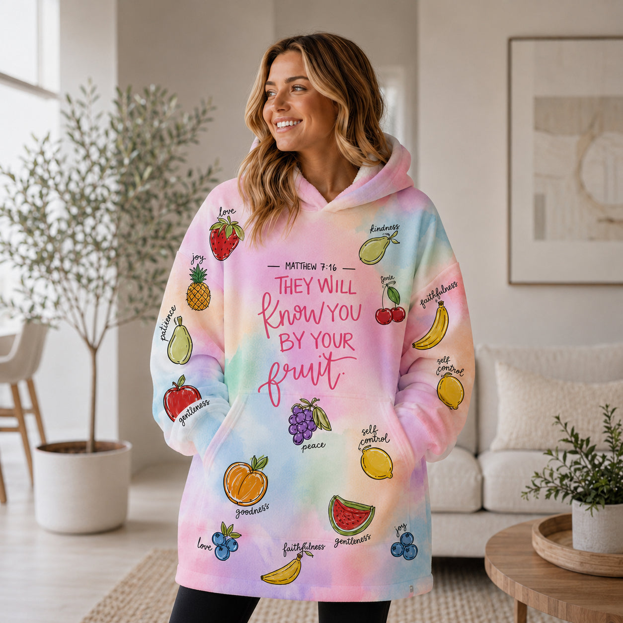 Fruit of the Spirit Oversized Hoodie Blanket, Custom Christian Fruit Hoodie, Oversized Snuggle Hoodie, Fleece Flannel Wearable Blanket Hoodie for Kids & Adults, Family Religious Gift OOH04