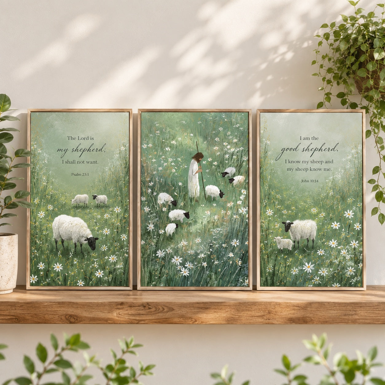 Set of 3 Good Shepherd Christian Poster, Watercolor Jesus and Sheep Posters, Christian Decor, Wall Hanging Decor PTSETA03