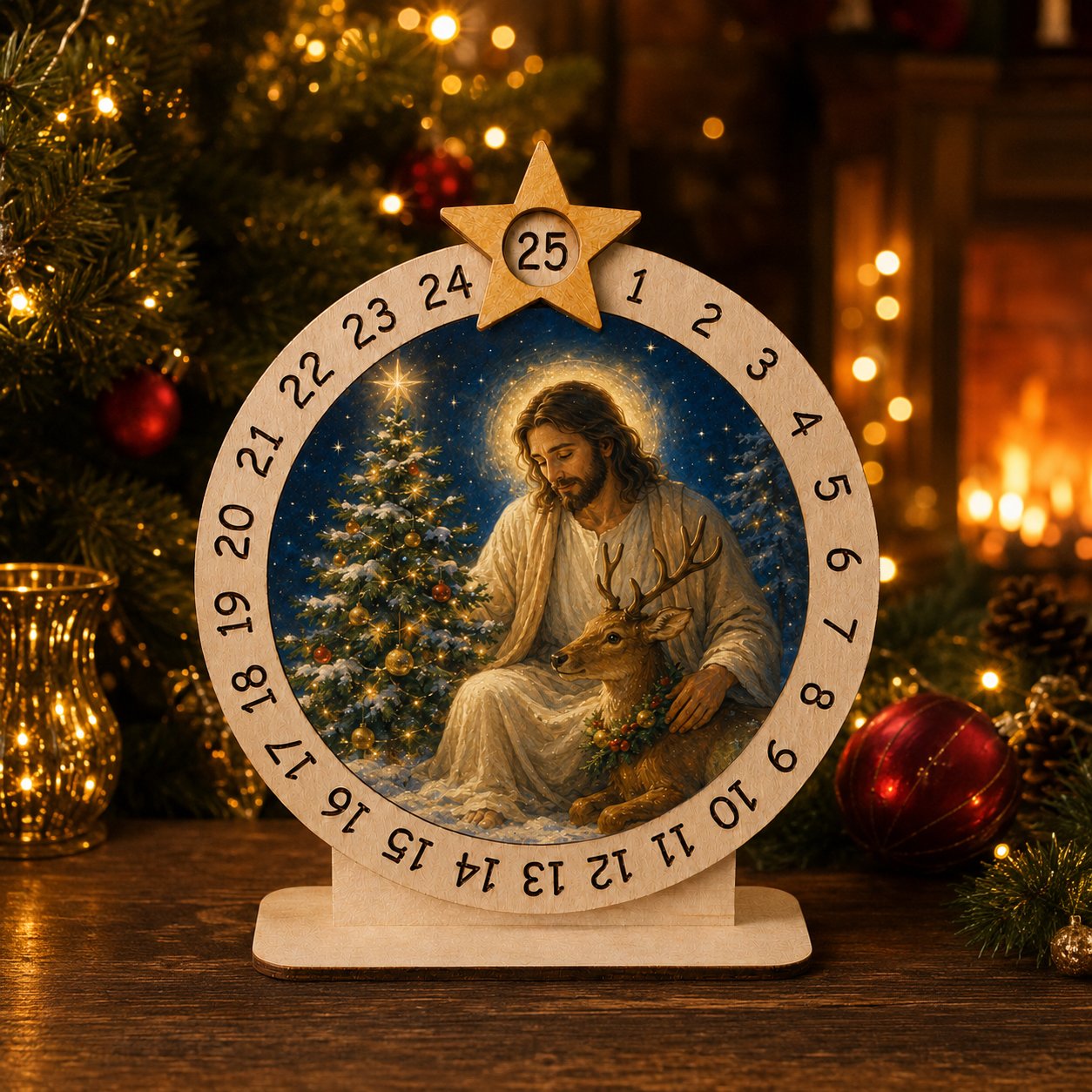 Wooden Jesus Advent Calendar, Custom Tabletop Religious Gift, Spinning Wheel Christmas Countdown Decor, Religious Christian Christmas Gift XMASW02
