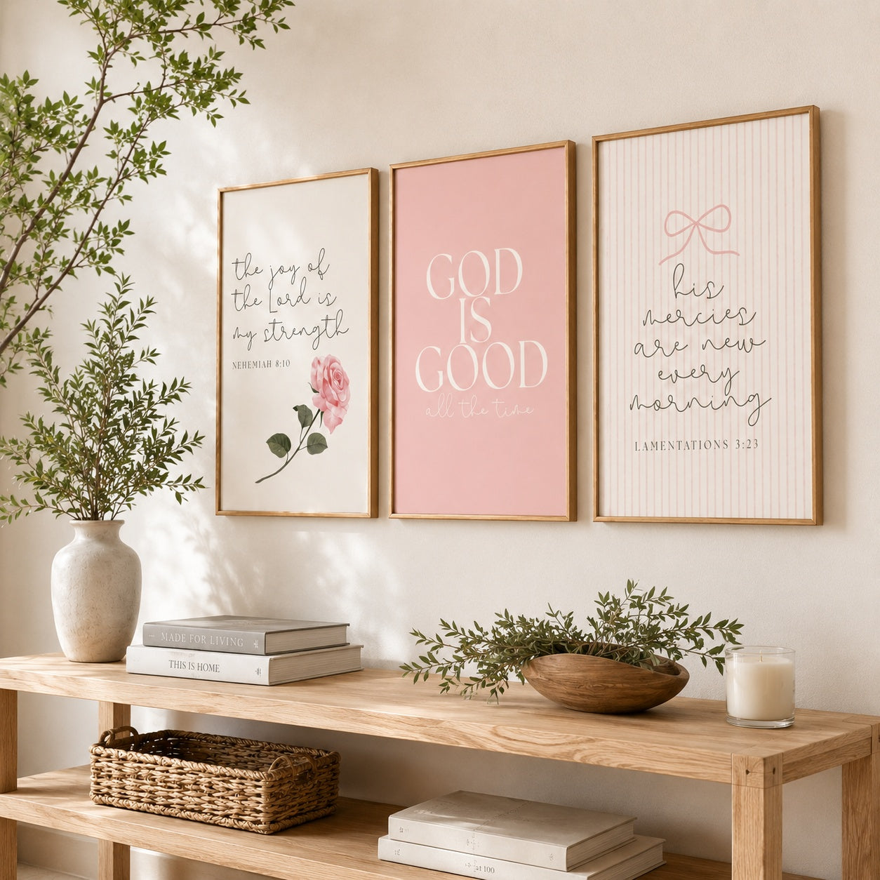 Set of 3 Pink Christian Wall Art, God Is Good Bible Verse Posters, Nehemiah 8:10 and Lamentations 3:23 Poster, Floral Faith Home Decor PTSET03
