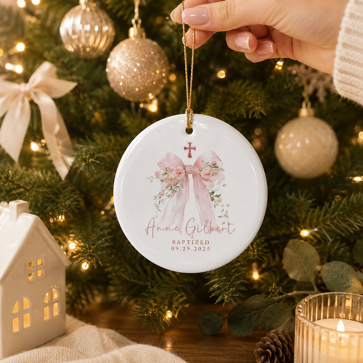 Personalized Flower And Bow Baptism Ceramic Ornament, Custom Baby Keepsake, Goddaughter Gift, Baby Dedication Ornament, Baptism Ornament Gift CRMO04