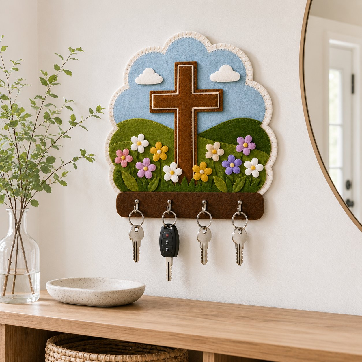 Floral Cross Wall Felt Key Holder, Christian Wall Key Rack, Handmade Catholic Home Decor, Religious Housewarming Gift, Felt Custom FELTHD04