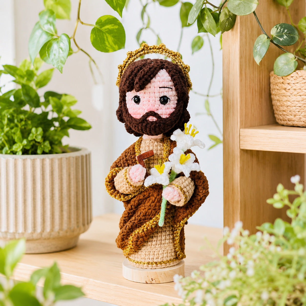 Saint Joseph Handmade Crochet, Saint Joseph Amigurumi Plush, Religious Faith Gift, Religious Keepsake Baptism Gift, Prayer Room Decor CR04