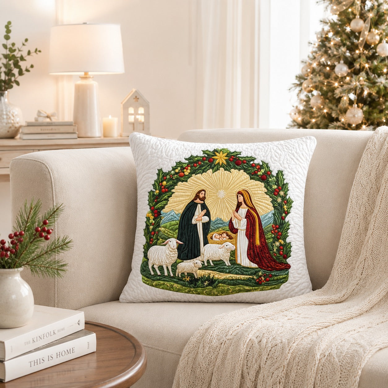 Nativity Quilted Pillow Case, Holy Family Christmas Pillow Cover, Christian Christmas Decor, Jesus Mary Joseph Religious Gift QPILLOW03